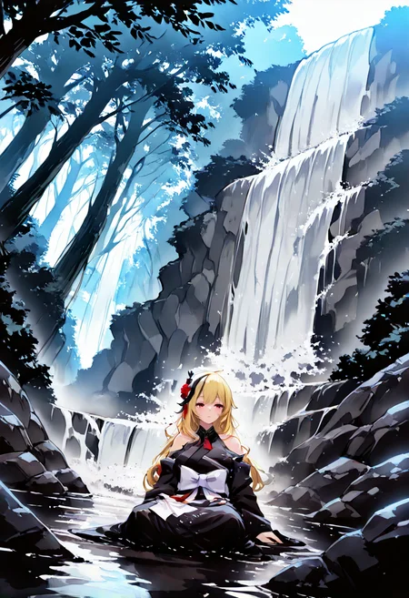 masterpiece,best quality, absurdres, anime style, CG,
cinematic lighting, natural shadow, highest detail, detailed background, intricate scenery, depth of field, insane details, intricate, subsurface scattering,
1girl, very aesthetic, dutch angle, cinematic angle, from front,
serene atmosphere, close up,
outdoors, waterfall, forest,
sitting, sitting in waterfall, meditating, meditation, meditating in waterfall, wet kimono, wet cloth, waterfall shower,
finely detailed face, beautiful face,
<lora:InkWashpainting:1.5>,
<lora:kaelaIL:1.0> kaelaIL, kaelakimono, japanese clothes, black kimono, wide sleeves, hair flower, bare shoulders, long hair,
<lora:Simulacrum-v12-LUXL-LOHA-lr0005-v3:1>