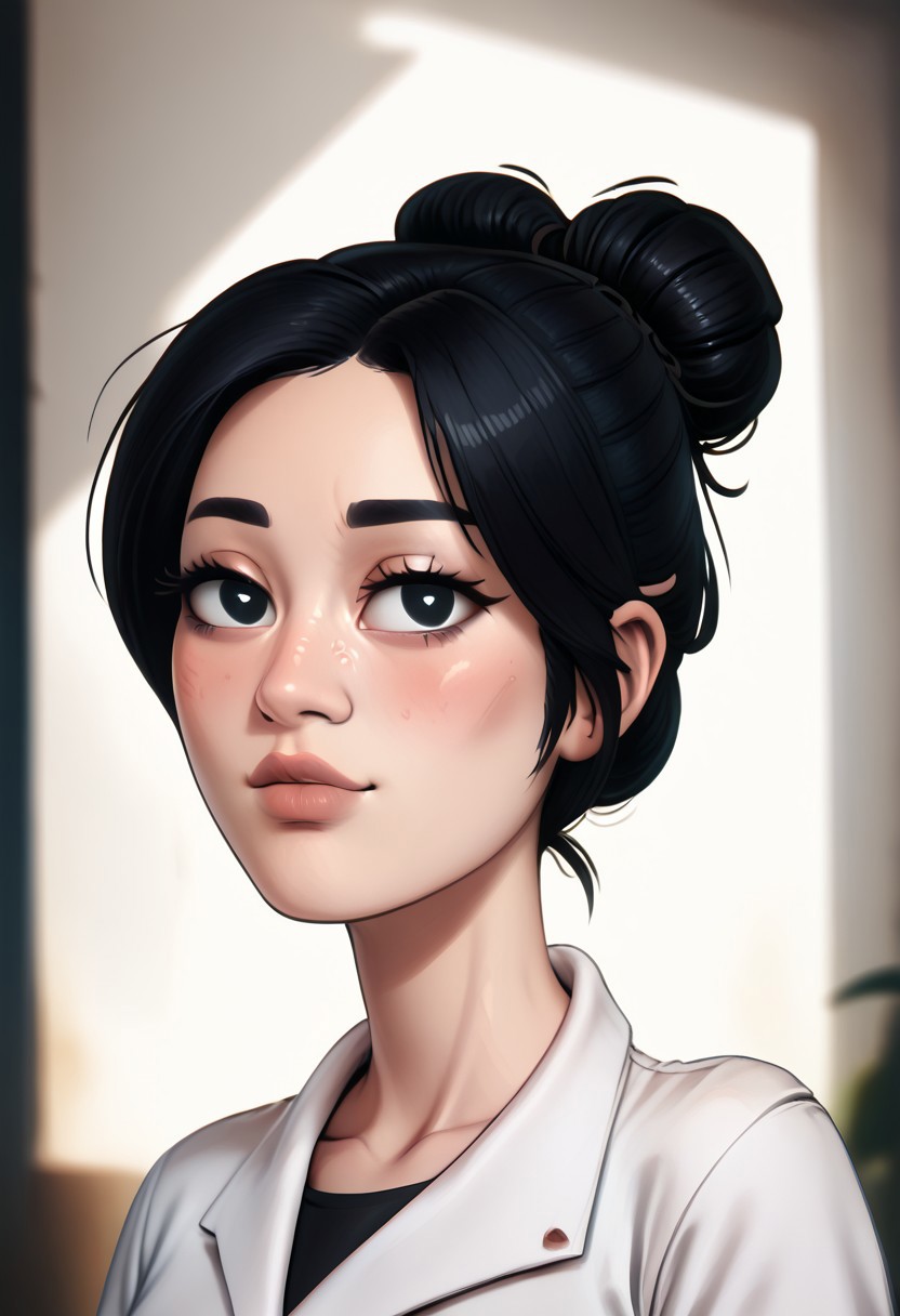 score_9, score_8_up, score_7_up, score_6_up, PRSNL_3_1, uncensored, pupils black dots, lips, upper body, best quality, masterpiece, 4k, realistic, warm light,
1girl, solo, cpnakamura, single bun, black hair, black eyes