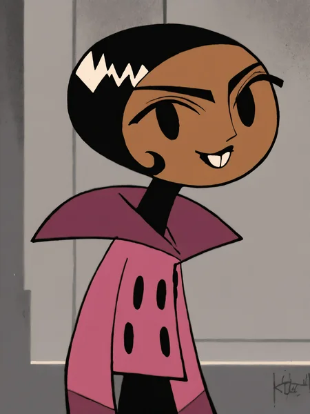 <lora:BritPony1.3:1> brit, solo, 1girl, black hair, short hair, dark-skinned female, black eyes, pink jacket,black,black gloves, buttons,buck teeth,upper body, score_9, score_8_up, score_7_up, score_6_up, score_5_up, score_4_up, smile, indoors, looking at viewer,