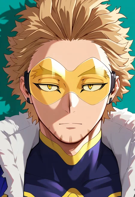 masterpiece, best quality, , semi-realistic, , 1boy, solo, male focus, <lora:keigo_takami_ilxl:1>, keigo_takami, hawks \(boku no hero academia\), blonde hair, yellow eyes, short hair, facial hair, stubble, tinted eyewear, goggles, , carnival costume