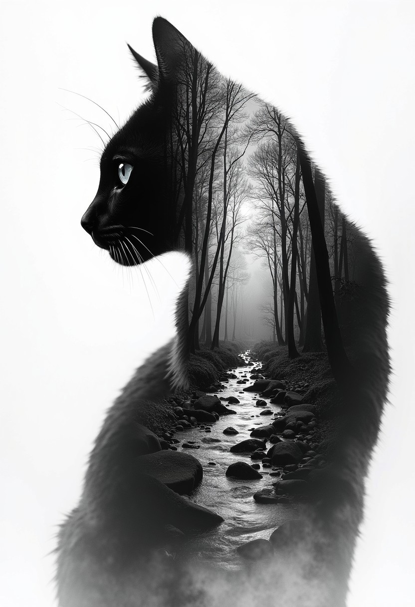 silhouette of a cat, wooded stream, double exposure, crisp lines, double exposure background, hyperdetailed, concept art, monochromatic, bo-exposure, double exposure,