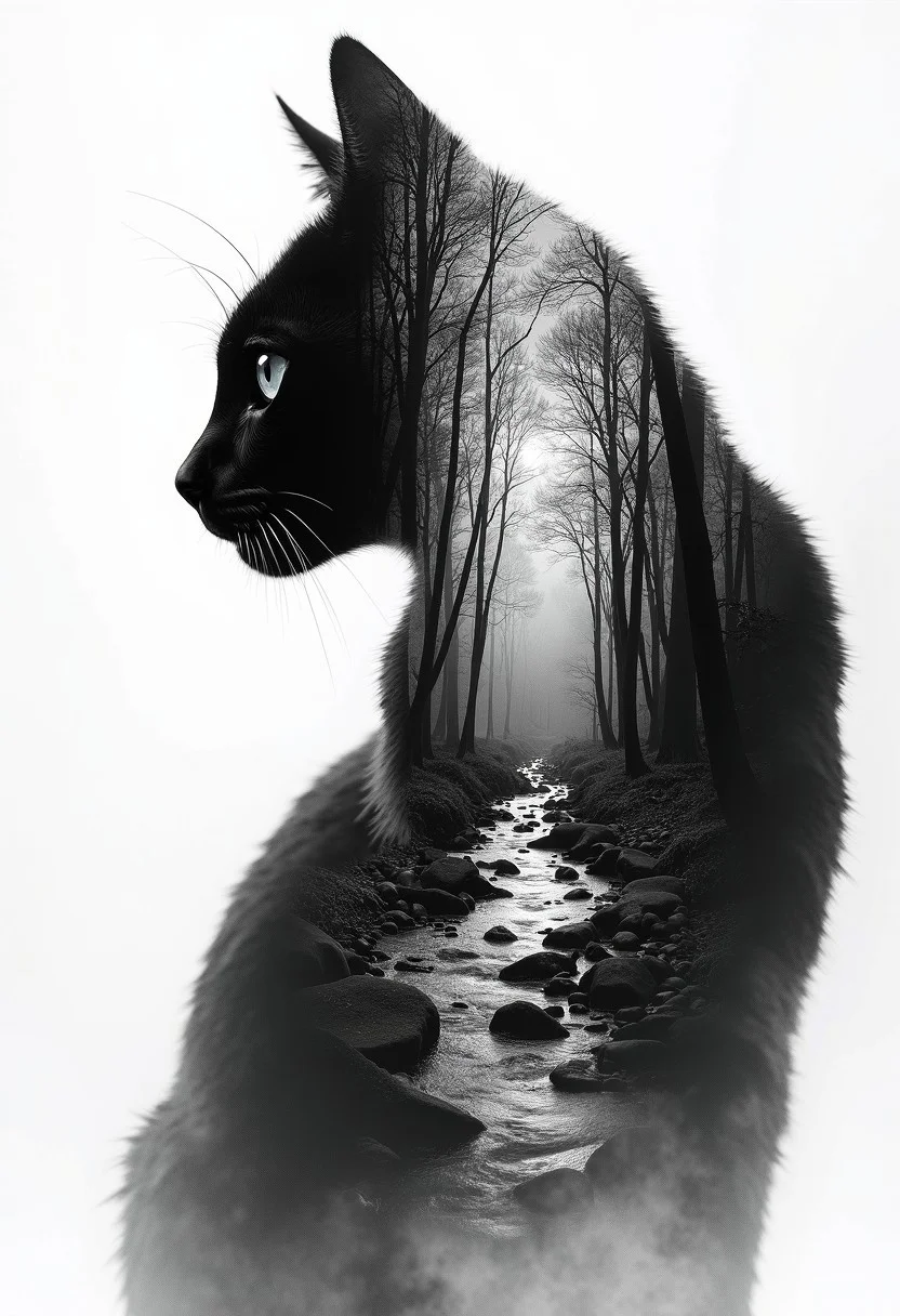 silhouette of a cat, wooded stream, double exposure, crisp lines, double exposure background, hyperdetailed, concept art, monochromatic, bo-exposure, double exposure,
