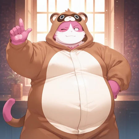 (deep contrast, luminous lighting, cinematic ambiance, best quality, colorful, masterpiece), BREAK chubby, <lora:t-bungo-v1A-15:1> (t-bungo, cat_boy), 1boy, ttanuki_costume, animal_costume, cosplay tanuki, finger gun, one eye closed,