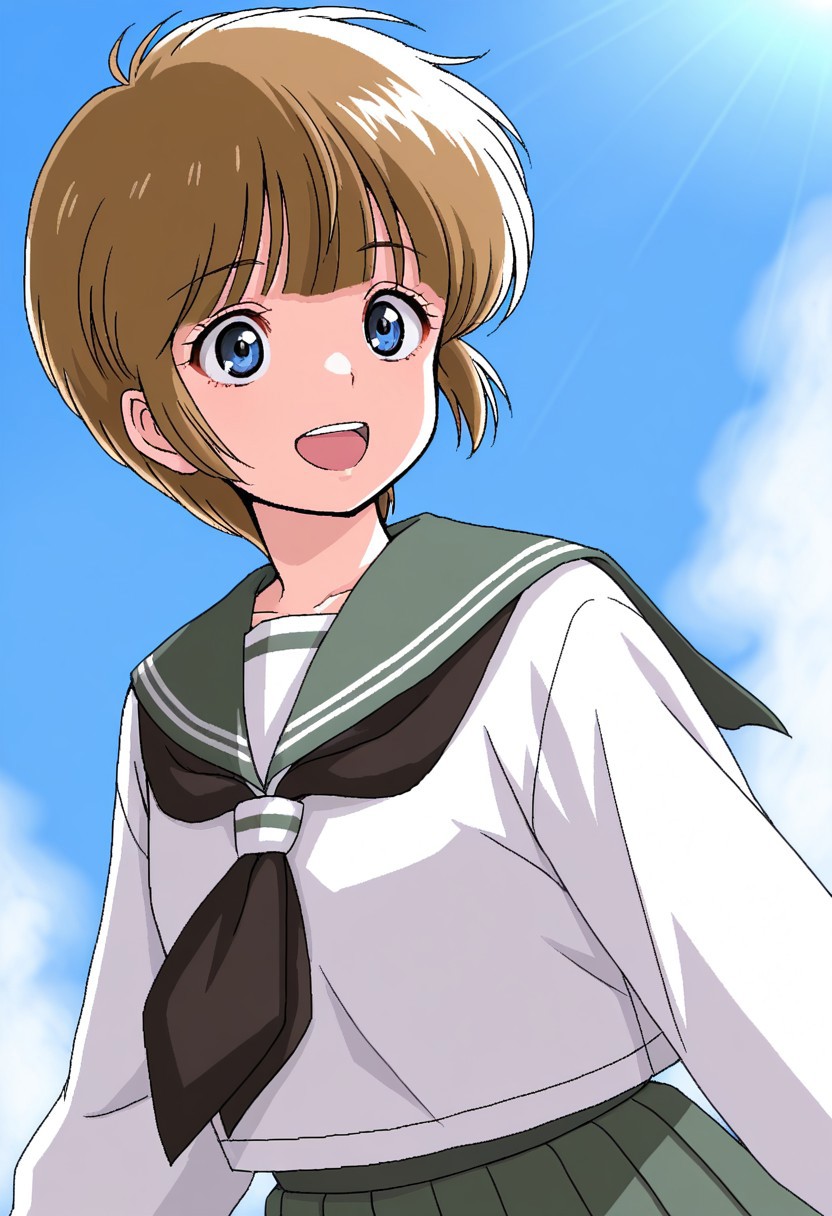 masterpiece, best quality, 32k, high resolution, absurdres, hiyama hikaru, school uniform, sailor collar, day, oekaki, serafuku, :d, sky, long sleeves