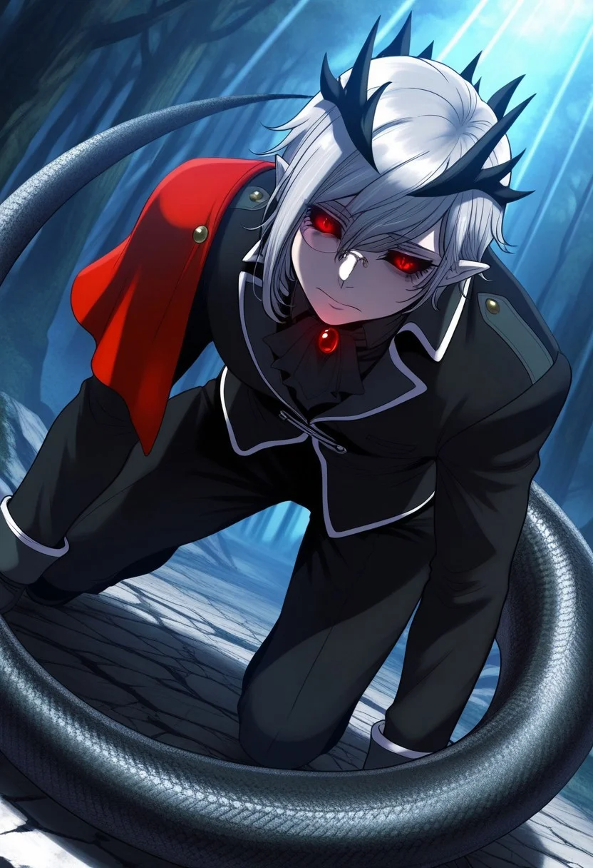 HDR, 8K, high contrast, masterpiece, best quality, amazing quality, very aesthetically pleasing, superabsurd res, high resolution, ultra-detailed, absurdres, latest, landscape, light rays, chiaroscuro, dynamic angle, Dutch angle, close-up, Sallos, 1 person, gray hair, short haircut, red eyes, narrow pupils, black sclera, cracks under the eyes, horns in the form of a crown, pointed ears, tail, scaly tail, scaly legs, monocle, gloves, black suit, red cape, red ruby on her neck, BREAK, beautiful detailed eyes, detailed skin, detailed hair, volumetric lighting,