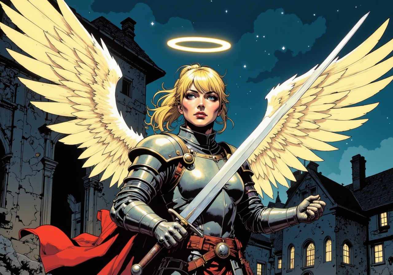 comic book style of an angel with a halo over her head, wearing traditional medieval knight's armor with  large unfurled wings, holding a sword with both hands raised in a combat stance,  in a medieval courtyard at night with a determined facial expression, she has blonde ponytail with bangs 