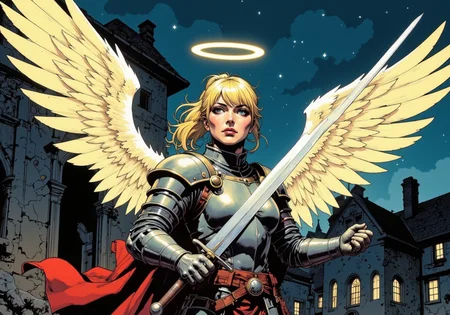 comic book style of an angel with a halo over her head, wearing traditional medieval knight's armor with  large unfurled wings, holding a sword with both hands raised in a combat stance,  in a medieval courtyard at night with a determined facial expression, she has blonde ponytail with bangs 