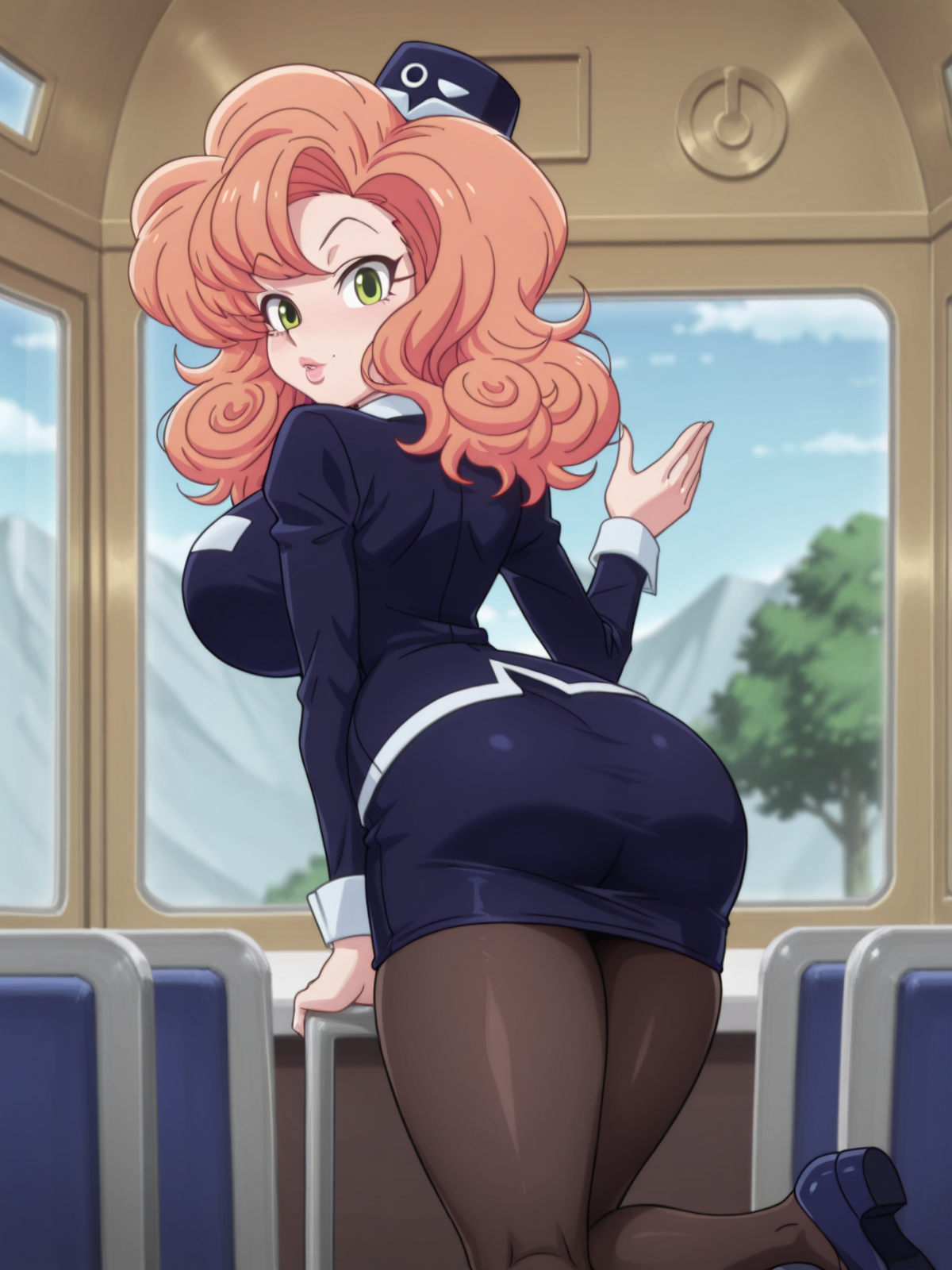 ILXLpos,CocoLooHxH, 1girl, solo,  voluptuous figure, orange hair,  curly messy hair, blue hat, green eyes, lips, white wing collar, blue bus tour guide uniform, blue shirt, large breast, long sleeves, white cuffs, blue pencil skirt, large butt, thick thighs, brown pantyhose, blue shoes,<lora:Blue that I like:1.0>,<lora:Coco Loo:0.8>
