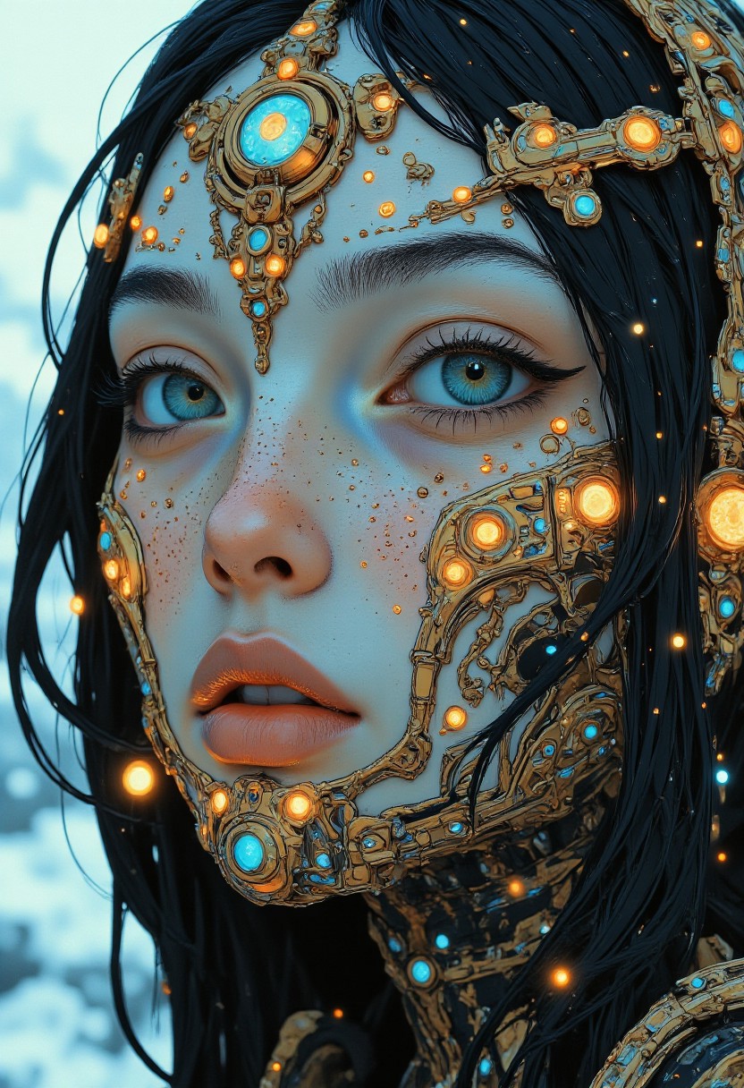 A very detailed striking surreal close-up portrait of a pale royal milky-white cyberpunk princess with neon blue eyebrows. She wears elegant make-up and a kind of futuristic golden metal crown studded with jewels and crystals. The picture is otherworldly, rich in detail and photorealistic. experimental, artistic, very detailed, 4k, midjourney_whisper_avant_couture
