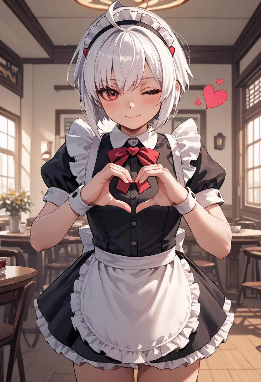 score_4,score_5,score_6,score_7_up,score_8_up,score_9 ((masterpiece,best quality,ultra detailed,highres,HD,4k:1.2)), 
1girl, solo,solo focus,girl focus,face focus,
Copen(GV),white hair, ahoge, short hair,sidelocks,red eyes, dark eyes,head gear,
((Maid outfit,Sleeveless, maid headband, frilly apron,Short sleeves, short skirt, thighs:1.1)),
inside the cafe, ((Make a heart symbol with both hands, heart with both hands,heart hands,heart symbol,heart,heart effect,)), 
blush,shy,light smile,closed mouth,((wink,closed one eye)),
