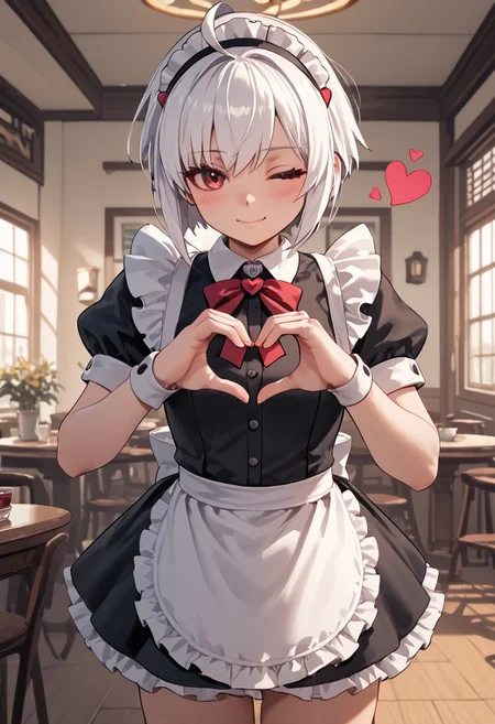score_4,score_5,score_6,score_7_up,score_8_up,score_9 ((masterpiece,best quality,ultra detailed,highres,HD,4k:1.2)), 
1girl, solo,solo focus,girl focus,face focus,
Copen(GV),white hair, ahoge, short hair,sidelocks,red eyes, dark eyes,head gear,
((Maid outfit,Sleeveless, maid headband, frilly apron,Short sleeves, short skirt, thighs:1.1)),
inside the cafe, ((Make a heart symbol with both hands, heart with both hands,heart hands,heart symbol,heart,heart effect,)), 
blush,shy,light smile,closed mouth,((wink,closed one eye)),