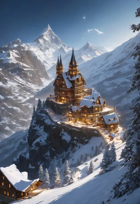 8k, breathtaking, view at the mountain top, great sense of scale, view of the stars, masterpiece, highly detailed, undefined, snow, clear, style-nebmagic.