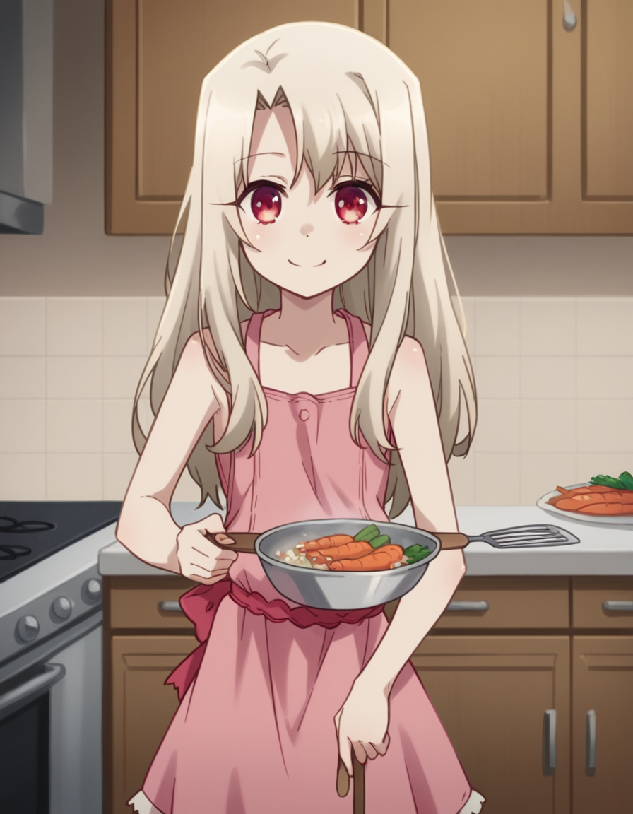 score_9, score_8_up, score_7_up, source_anime, <lora:illyasviel-von-einzbern-prisma-s2s3-ponyxl-lora-nochekaiser:1>,, illyasviel von einzbern, long hair, blonde hair, red eyes, parted bangs,, dress, collarbone, sleeveless, sleeveless dress, pink dress,, kitchen, cooking, apron, cutting vegetables, home cooking, smile, looking at viewer, arm straight out to the side, solo,, cowboy shot, dutch angle