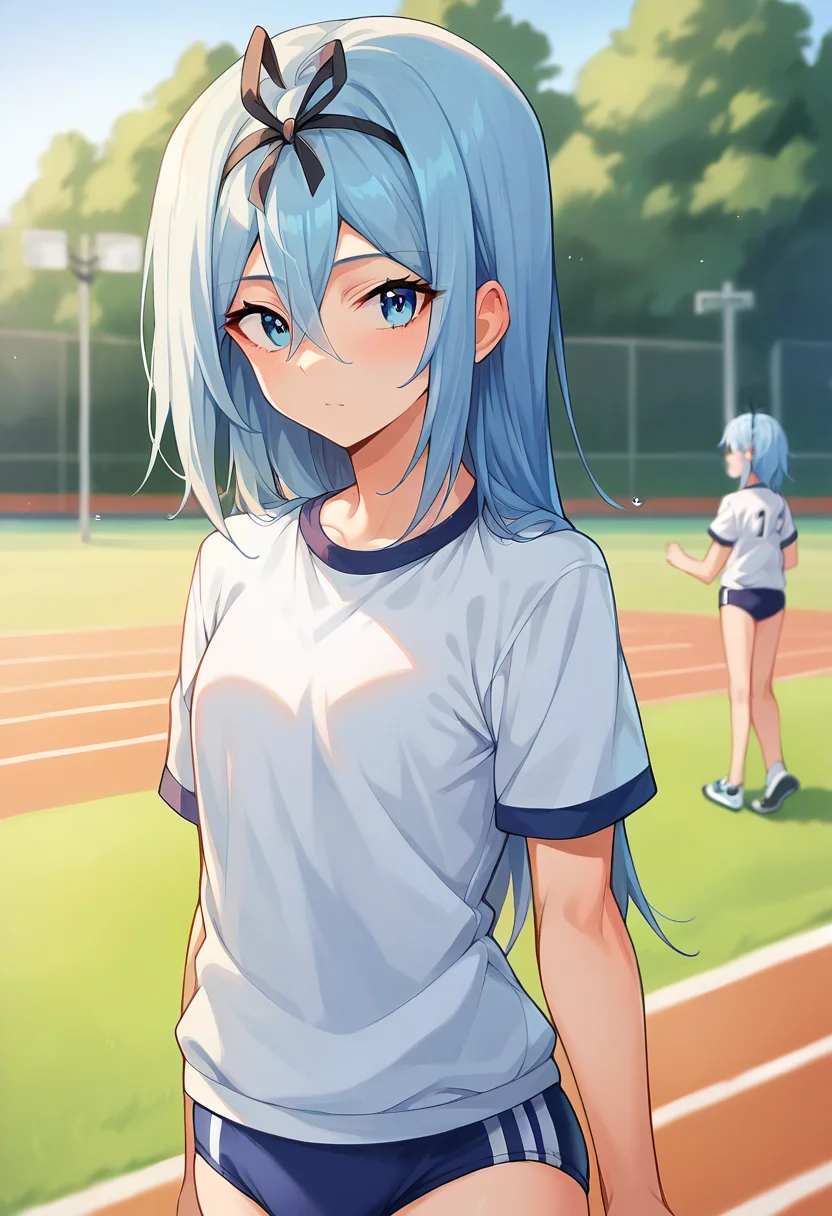 score_9, score_8_up, score_7_up, source_anime, masterpiece, 1girl, ctiankrulc1fer, solo, light blue hair, blue eyes, gym outfit, buruma, gym shirt, facing viewer, looking at viewer, outdoors, trackfield, depth of field, sunny, day, swea<lora:Krulcifer_Einfolk_pony_ct:1>