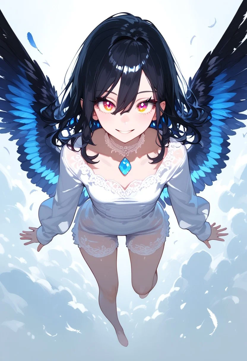 score_9, score_8_up, score_7_up, anime, best quality, 1girl, black hair, rainbow eyes, gem eyes, long eyelashes, black eyelashes, hair between eyes, light skin, small chest, wide hips, perfect face, detailed body, slightly wavy hair, cute, small, long hair
BREAK dynamic pose, volumetric lighting, expressive,
BREAK, full body, rainbow wings, hummingbird wings, feathers, smile, flying, dynamic pose, feather ears, feathers in hair, mysterious, Moonlight, ethereal magical atmosphere, view from above, large v-shaped clavicle, white shirt, lace dress, loose sleeves, white lace choker,