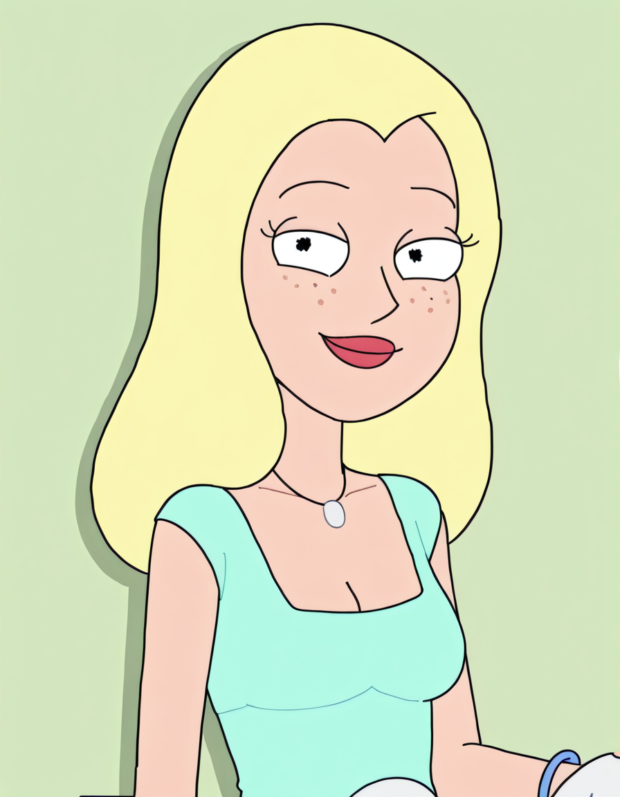 <lora:DianeIllustrious1.0JLFO:1> diane, 1girl, blonde hair, solo, freckles, long hair, necklace,white pants breasts, cleavage, aqua shirt, smile, bracelet,looking at viewer, upper body, portrait,