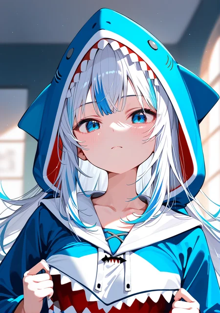masterpiece,best quality,score_9,score_8_up,score_7_up,best quapoty,highres,absurdres,source_anime,indoors,<lora:NAI:0.6>,NAI_style,<lora:gawr_gura_(1st_costume):0.8>,close-up,upper body,indoors,gawr_gura_(1st_costume),(1girl:1.1),solo,multicolored hair,shark hood,