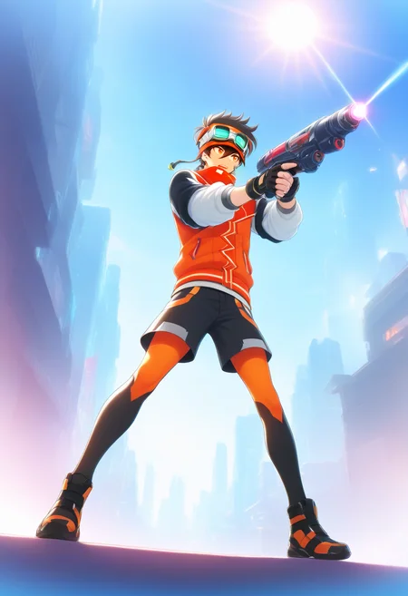 <lora:Sawyer_Tomura:1>,sawyer tomura,1boy,goggles,male focus,goggles on head,solo,gloves,weapon,fingerless gloves,shorts,building,teeth,tree,holding weapon,clenched teeth,energy gun,holding,city,black gloves,science fiction,outdoors,cyberpunk,orange-black-white layered sleeves jacket,orange-black leggings,leggings under shorts,headband,official art,sunlight,full body,grey-black footwear,standing,aiming,masterpiece,high score,great score,absurdres,