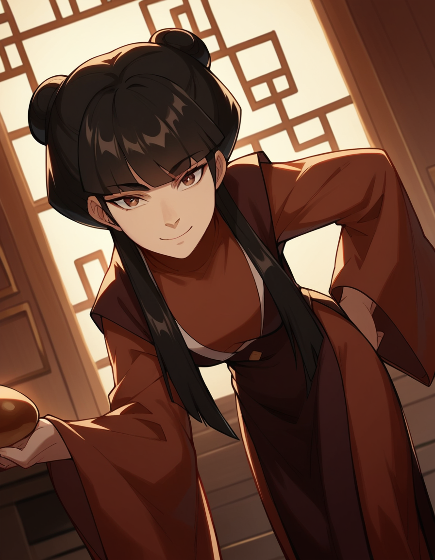 score_9, score_8_up, score_7_up, source_anime, <lora:mai-book2-ponyxl-lora-nochekaiser:1>, mai, sidelocks, long hair, black hair, lunt bangs, hair bun, double bun,, chinese clothes, turtleneck, long sleeves, wide sleeves,, indoors, bent over, smile, looking at viewer, solo, cowboy shot, dutch angle