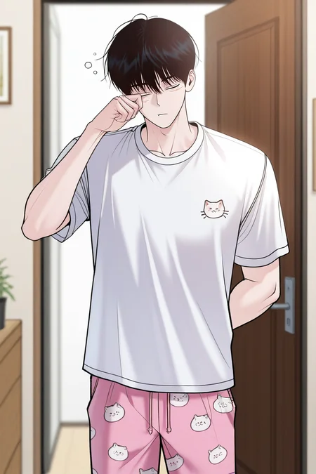 masterpiece, best quality, amazing quality, very aesthetic, high resolution, ultra-detailed, absurdres, newest, scenery, volumetric lighting, depth of field,anime screencap, , , 1boy, solo, male focus,<lora:yoonwon:0.74>,goo yoon won,black hair,grey eyes,short hair,bangs,hair between eyes,shirt, standing,scar, white shirt, closed eyes, short sleeves, cowboy shot, pants, indoors, hand up, blurry, animal print, t-shirt, arm behind back, door, sleepy, rubbing eyes, pink pajamas pants,mature
