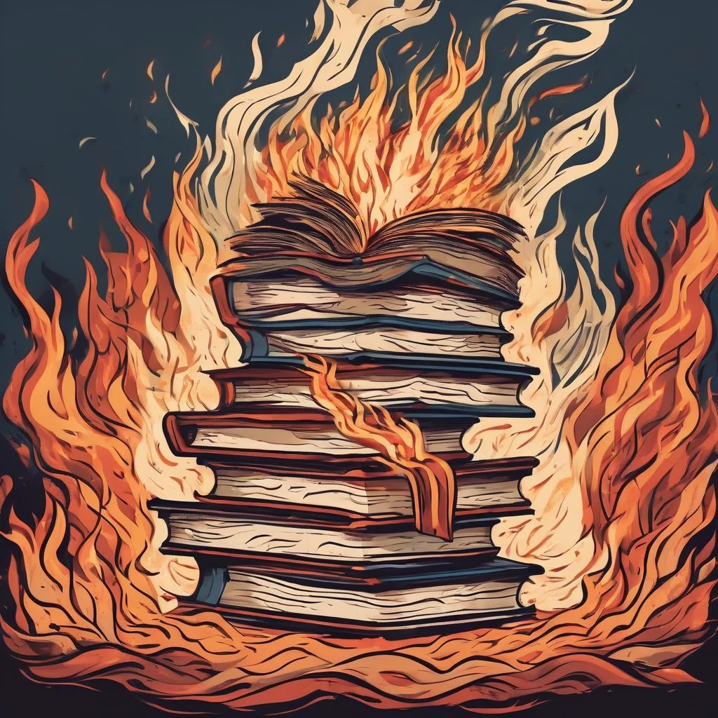 the nightmare vision of a pile of burning books, giant flames consuming the paper