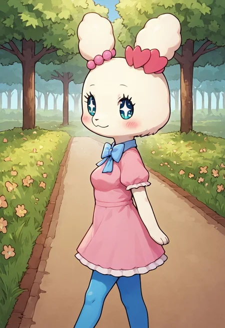 score_9, score_8, score_7_up, score_6_up, source_furry, source_anime, Tamagotchi, Lovelitchi, ear beads, solo, white fur, pink dress, blue bow, anthro, breasts, blue pantyhose, walking in the park, nature, grass, walking, blush, sparkling eyes, no nose, solo, thighs, detailed, tree, blue sky, park, flowers, cowboy shot, happy, masterpiece, angled, three quarter side view, closed mouth, from above, looking at viewer