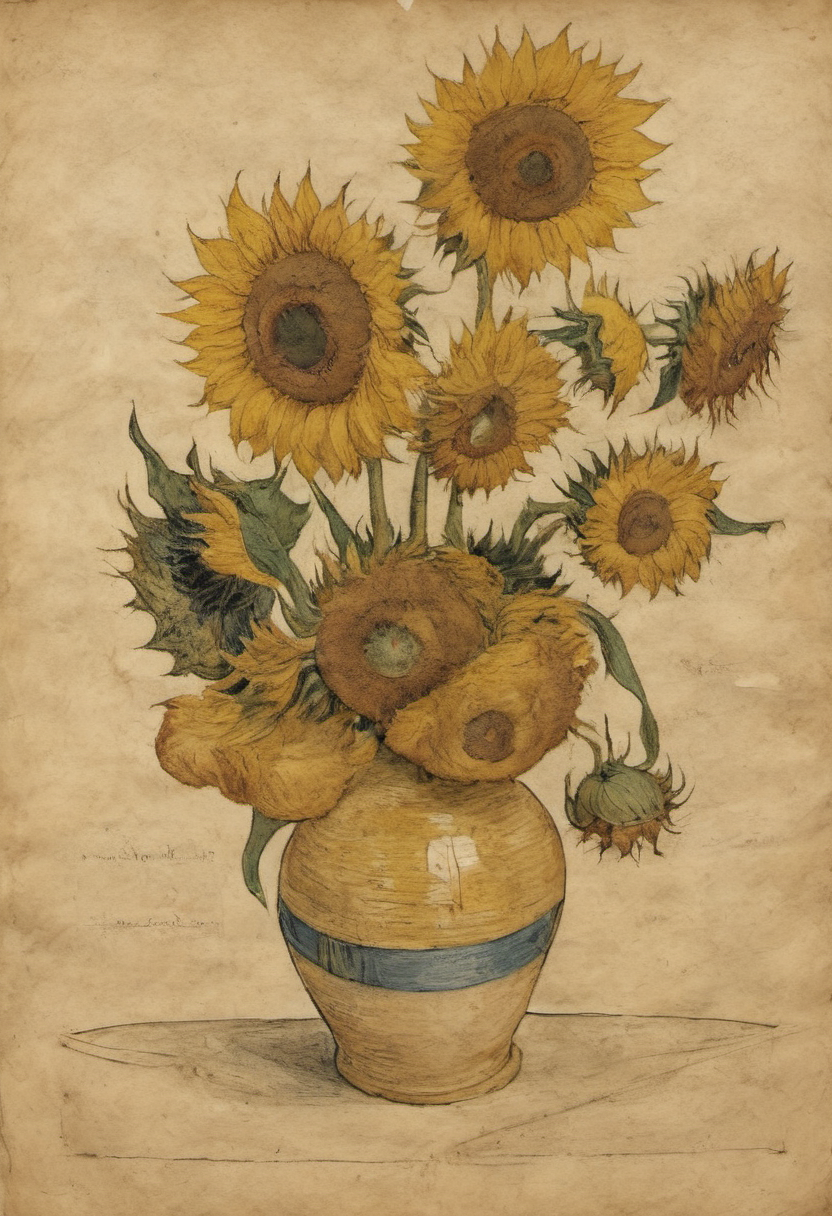on parchment drawing of Van Gogh's sunflowers