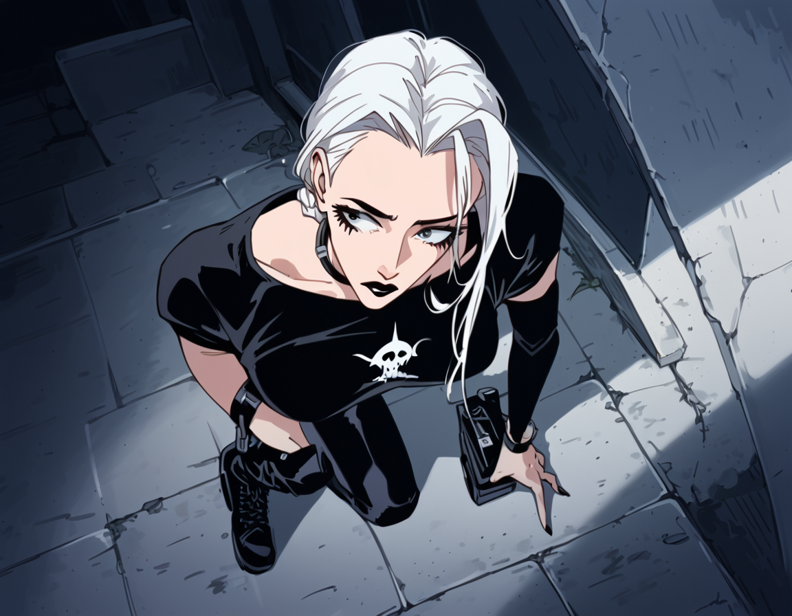 (score_9,score_8_up,score_7_up:1), 1girl, full body, above   angle, no lighting, sad, (goth, (black lipstick, black mascara, black eyeshadow)), (milf), white hair, long braided hair, choker, eyeshadow)), (white soft skin), big ass, tight butt, (sneaking), imperious corridor, (<lora:goth_clothes:1> black crop top, black platform boots), <lora:Always_In_Flux_Style:1>