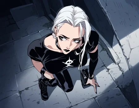 (score_9,score_8_up,score_7_up:1), 1girl, full body, above angle, no lighting, sad, (goth, (black lipstick, black mascara, black eyeshadow)), (milf), white hair, long braided hair, choker, eyeshadow)), (white soft skin), big ass, tight butt, (sneaking), imperious corridor, (<lora:goth_clothes:1> black crop top, black platform boots), <lora:Always_In_Flux_Style:1>