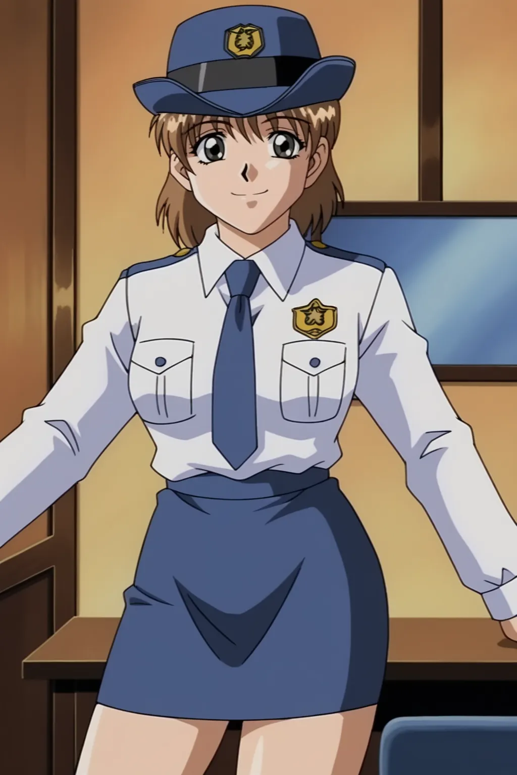 score_9, best, masterpiece, uncensored,
1girl, solo, smile, retro artstyle, 1990s (style),
LTHRMNMisato, police, policewoman,  skirt, long sleeves,
<lora:LeathermanMisato_V2:0.8>​​​