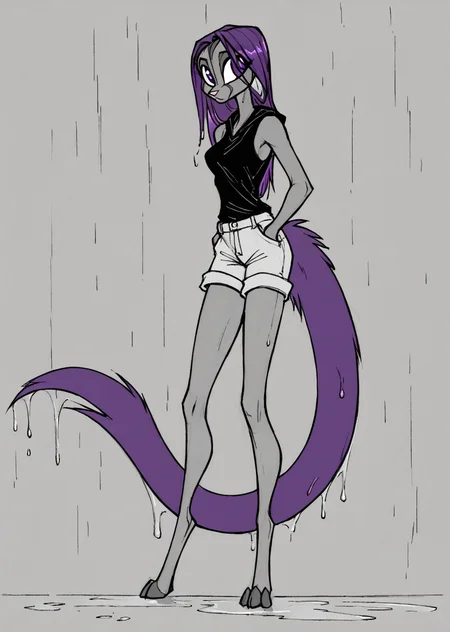 score_9,score_8_up,score_7_up,source_anime BREAK
kalei ,
1girl, solo, anthro, slender build, long flowing purple hair, large bushy purple tail, gray fur, darker gray limbs, narrow sharp eyes, intense expression, black sleeveless top, dark gray cargo shorts, digitigrade legs, clawed toes, sleek and stylish design, monochrome and purple color scheme, cool and aloof demeanor, well-groomed fur, striking and unique appearance BREAK standing in the rain on a city street, neon lights reflecting on wet pavement, tail slightly damp, hands in pockets, hooded figure in the distance, a mysterious and cinematic atmosphere, soft drizzle creating a moody ambiance.
, <lora:dreamkeepers_kalei_pony:1>,