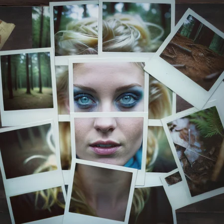 poluzzle close-up a beautiful blonde with blue eyes, expressive eyes, in the forest, polaroid photos on the table, cinematic, dark atmosphere <lora:poluzlle:1>