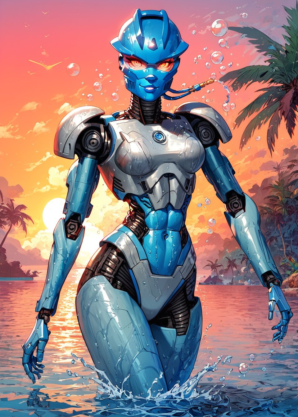 score_9, score_8_up, score_7_up,
gali, robot,  athletic girl, slight abs, silver armor, seductive smile, jewerly,
knva, halftone effect, 1girl, solo, tropical island background,walking out of water, magnificent background,
soaked, wet,  head turn, side, water control,  telekinesis, water bubbles in the air, looking at viewer, water force, water everywhere, (floating water),
sunset, two tone light,
<lora:Kenva:0.6>
<lora:Gali_Nuva:0.8>
<lora:cutesexyronutts_style_xl:0.4>
<lora:Fant5yP0ny:0.6>