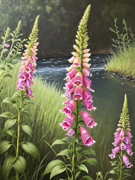 oil painting, detailed, depth of field, of field of foxglove by ingrid-elias by the side of a stream <lora:ingrid_elias_style:1>