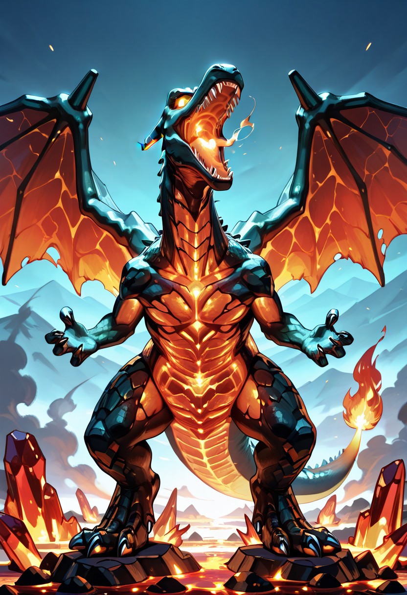 masterpiece, best quality, 
zzCrystalKing, charizard fusion, ruby crystal wings, jagged red crystal scales, molten core, flame tail, glowing eyes, volcanic terrain, smoke and embers, roaring pose, dynamic lighting, intense atmosphere — Soaring above rivers of lava, the crystal-charizard fusion blazes like a god of flame. Its body is sculpted from deep ruby crystal, each jagged plate glowing from within as molten heat pulses through its molten core. Translucent wings shimmer with lava-veined patterns, spreading wide as it roars into the ash-thick sky. Its flame tail burns white-hot, casting fiery reflections across the ground below. A single beat of its wings sends shockwaves rippling through the volcanic terrain, a living embodiment of wrath and fire.