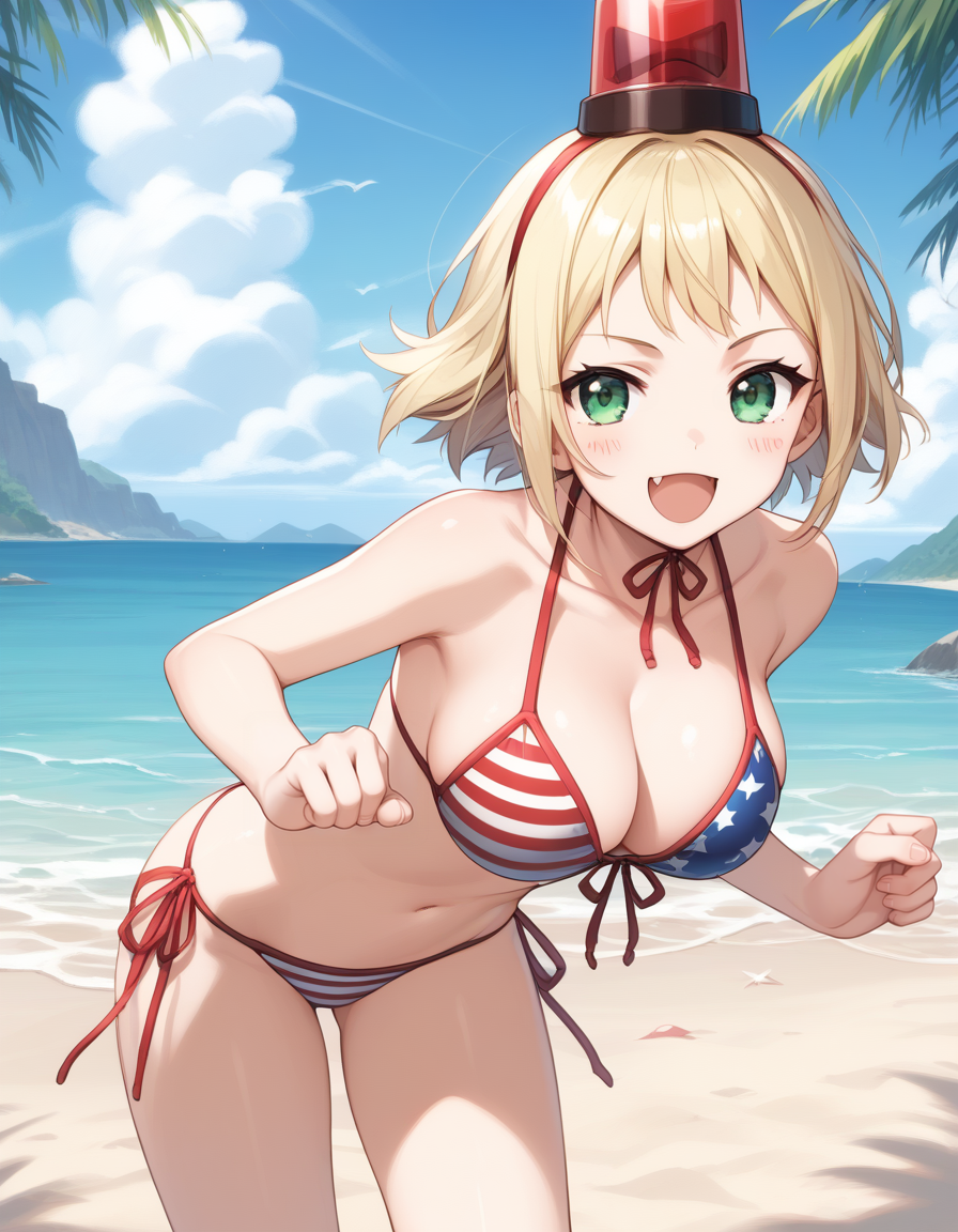 patoranran, blonde hair, green eyes, short hair,  blush stickers, large breasts, fang
american flag bikini, side-tie bikini bottom,  
 <lora:patoranran_pony_v2:1>
standing, dynamic pose ,
open mouth, blush,light smile
looking at viewer,(cowboy shot,:1.3),
 outdoors, beach, score_9, score_8_up, score_7_up, score_6_up, BREAK source_anime, best quality,very aesthetic, zPDXL2,official art,1girl, solo,