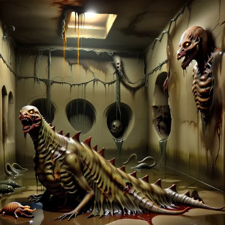 terra_vermis, Dark Fantasy page, Inside a crypt. sluggirl,  undead, twitching, writhing. Walls made of flesh. Painting. Monster Manual. s34slug, flaps, stalks
zombie slug hybrid man monster.