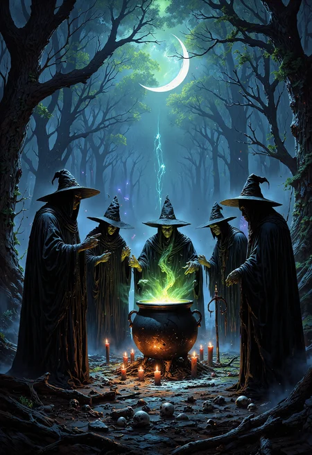 A group of witches gathered around a large cauldron in the middle of a dark forest clearing. The witches wear tattered, old-fashioned black robes, their faces partially hidden under wide-brimmed hats. One witch stirs the glowing, bubbling liquid in the cauldron, while others chant spells and raise their hands toward the crescent moon above. The ground is littered with strange symbols, candles, and bones. The atmosphere is eerie and filled with thick mist, with flickering green and purple lights casting shadows around the clearing. The crescent moon in the sky adds a mystical glow to the entire scene. <lora:FluxMythP0rtr4itStyle:0.8> MythP0rt, <lora:aidmaMJ6.1-FLUX-V0.2:0.6> aidmaMJ6.1, <lora:sxz-Dark-Fantasy-v2-Flux:0.66> drkfnts style,