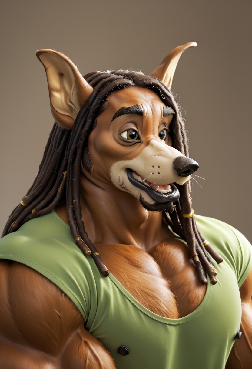 score_9, score_8_up, score_7_up, score_6_up, score_5_up, score_4_up, realistic, detailed face, detailed eyes, detailed fur, furry male, 1boy, ((headshot)), Masterpiece,
BREAK
Don Karnage, source:furry, canine furry, tan fur, cream snout, thick eyebrows, notched ear, black nose, ((hyper muscles,)) (Fur-GnS, Goatee, Chin Goatee, Facial Hair, Sideburns, , musk clouds, muttonchops, long dreadlocks, lots of dreadlocks, heavy dreadlocks, brown hair, Green shirt, dynamic pose, motion lines,)
BREAK