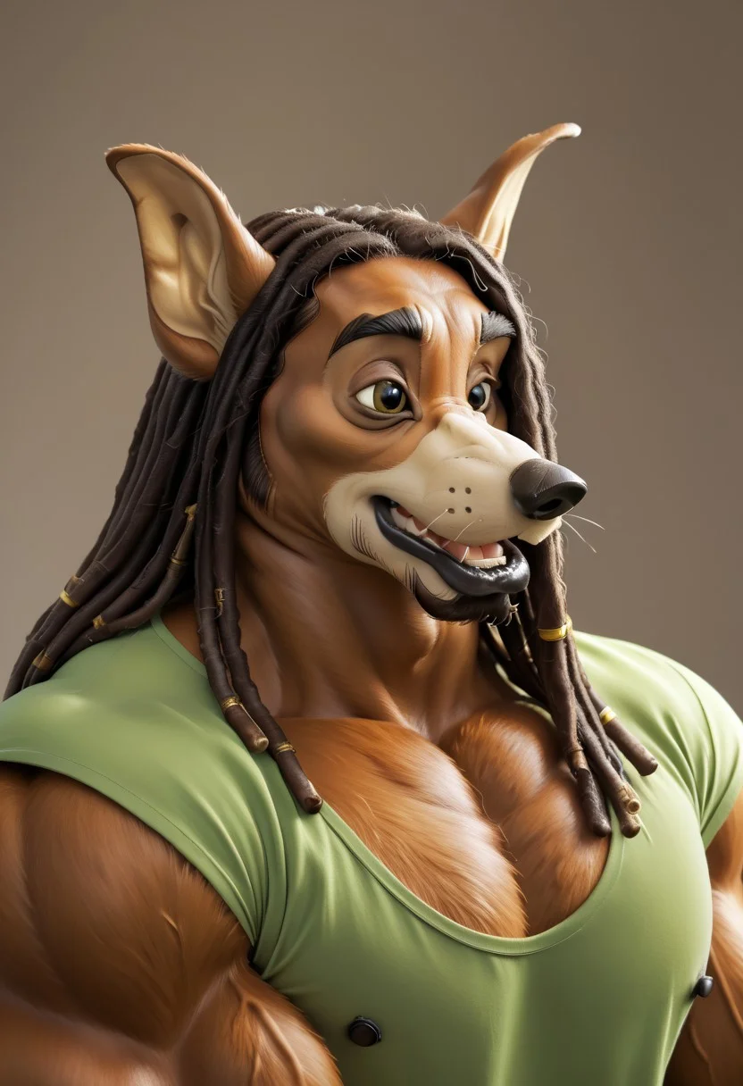 score_9, score_8_up, score_7_up, score_6_up, score_5_up, score_4_up, realistic, detailed face, detailed eyes, detailed fur, furry male, 1boy, ((headshot)), Masterpiece,
BREAK
Don Karnage, source:furry, canine furry, tan fur, cream snout, thick eyebrows, notched ear, black nose, ((hyper muscles,)) (Fur-GnS, Goatee, Chin Goatee, Facial Hair, Sideburns, , musk clouds, muttonchops, long dreadlocks, lots of dreadlocks, heavy dreadlocks, brown hair, Green shirt, dynamic pose, motion lines,)
BREAK
