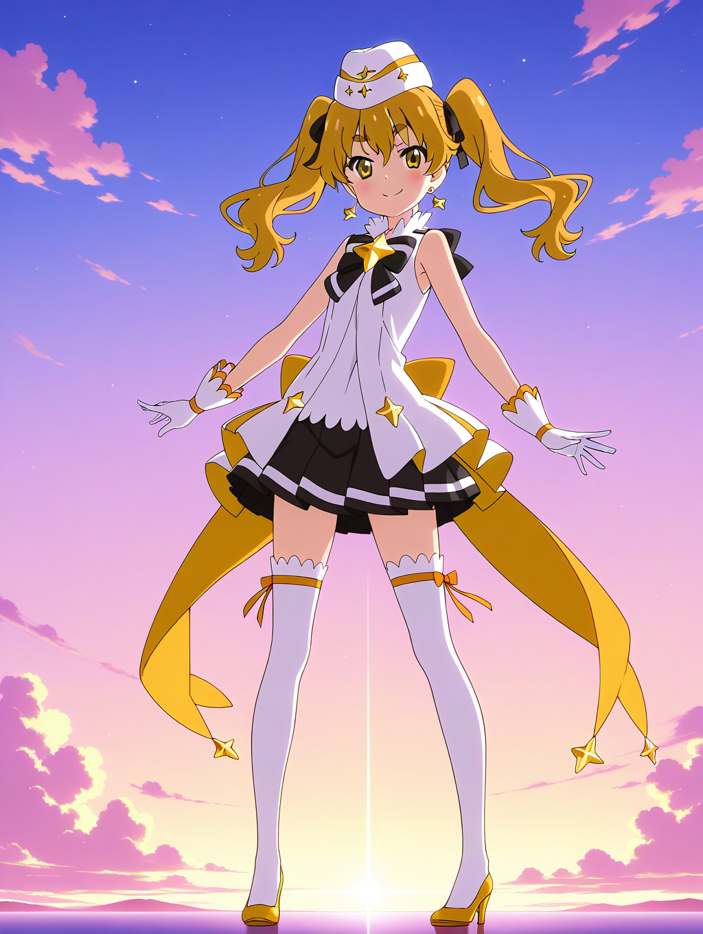 general,highres, ultra-detailed,very aesthetic,best quality ,best hands,  BREAK  <lora:Hikaru_Houkago_no_Pleiades_IS:1> Hikaru(Pleiades), 1girl,solo, twintails, blonde hair, yellow eyes,long hair, hair ribbon, black bow,
thick eyebrows, anime coloring,
gloves, thighhighs, hat, skirt, looking at viewer, white gloves, jewelry, earrings, high heels, white thighhighs, star (symbol), 
full body, bow, smile, yellow footwear, Yellow ribbon, pleated skirt, standing, magical girl, sleeveless, 
sky, cloud,