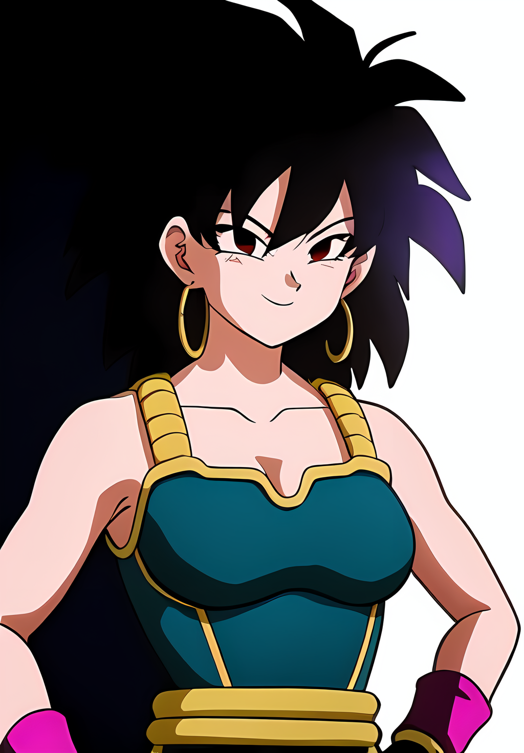 (Photo:1.3), highdetail, <lora:Gine:0.8>, Gine, 1girl, solo, looking at viewer, smile, simple background, bare shoulders, closed mouth, collarbone, upper body, armor, hand on hip, bare arms, black background, wristband, arm at side, outline, saiyan armor, (acclaimed, alluring, captivating, exciting, gorgeous, striking:1.3), (trending on artstation:1.3)