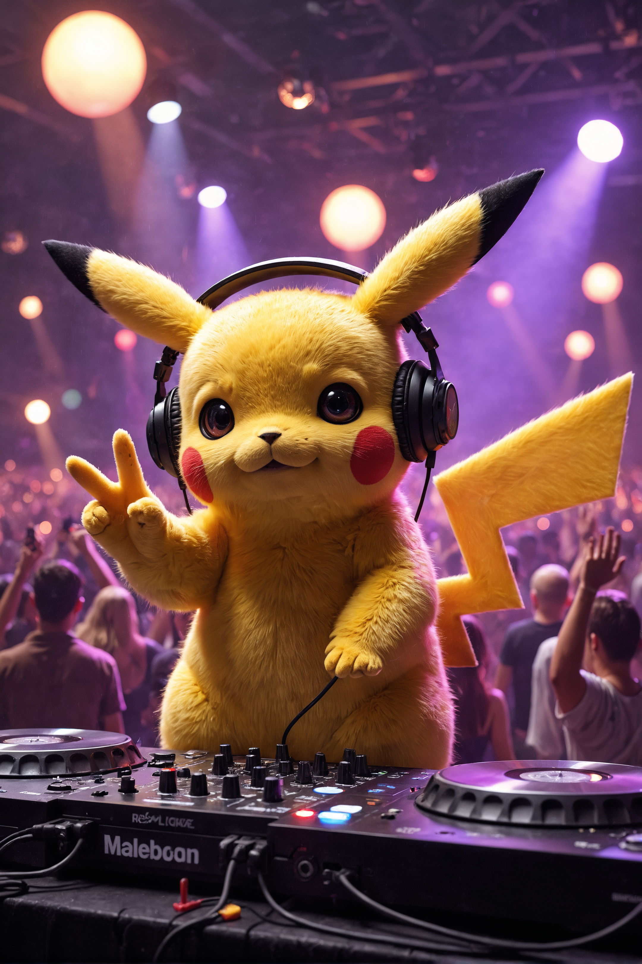 A Pikachu who works as a DJ in a crazy nightclub, wearing headphones, raising his right hand, V,crowds, ambient lights