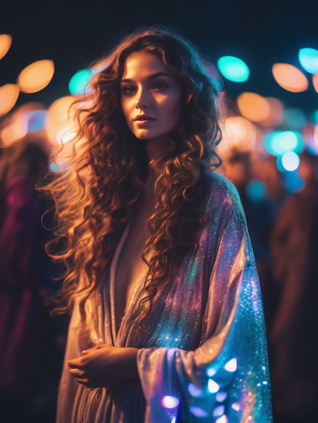 <lora:Brandon Woelfel Style:1>Brandon Woelfel Style - city fashion photorealistic of a stunning luminous woman with little lights in long curly hair wearing iridescent flowing robe at outdoor festival at night