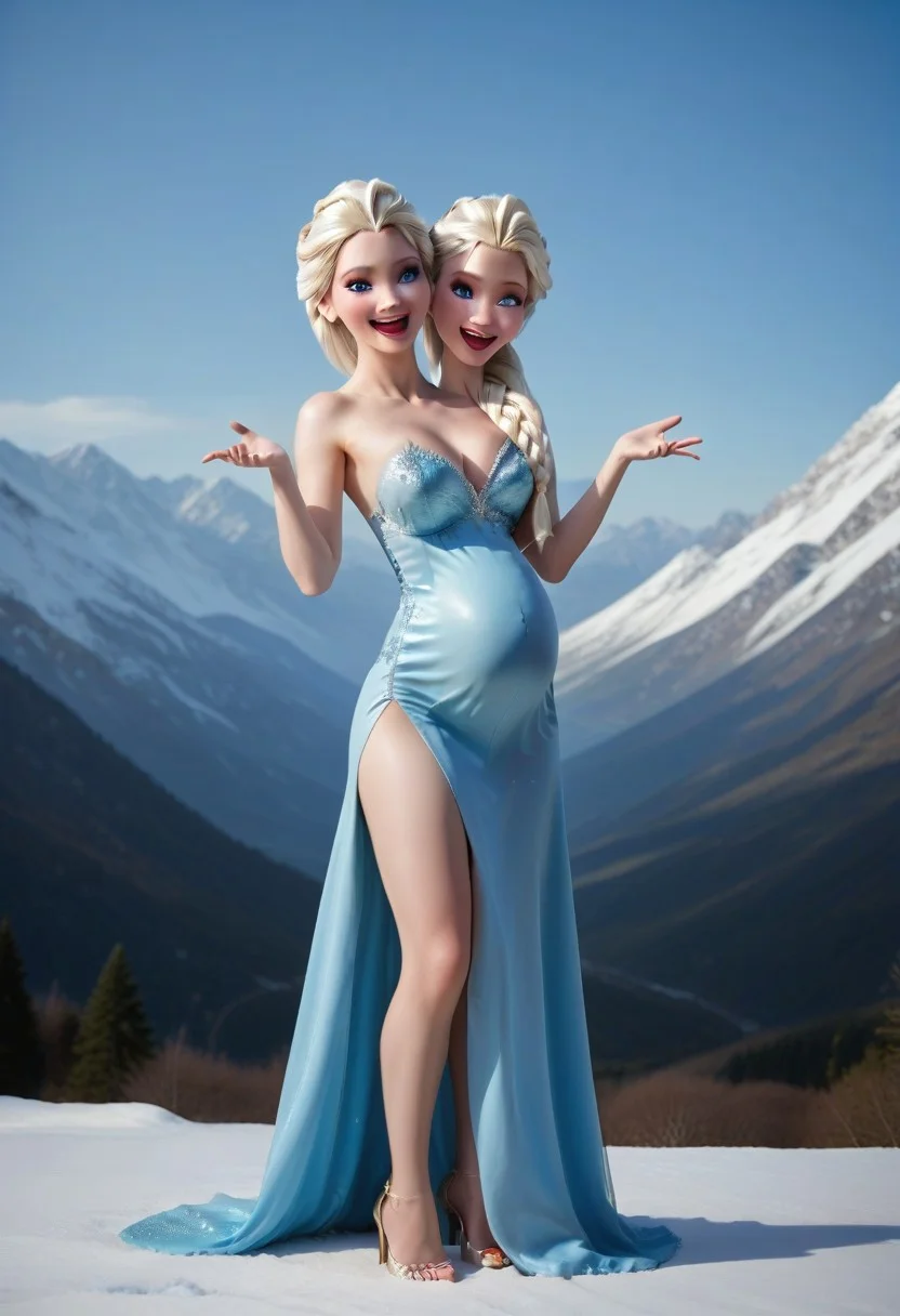 score_9, score_8_up, score_7_up, score_6_up, score_5_up, 
photograph, profile view, full body, looking at viewer, perfect face, perfect body, flawless face, conjoined, 2 heads, 2-headed, big breasts, perky breasts, pregnant, pregnant belly,
(photo of Elsa), light makeup, eye shadow, big eyes, 22-years-old, blonde hair, hair in braid, blue eyes, tight light blue evening gown with snowflakes on it, light blue heals, fit body, 1girl, smiling, 1girl, singing, sexy pose, masterpiece,
BREAK: ice palace in background, snow and ice on the top of a mountain, cinematic lighting, volumetric lighting,