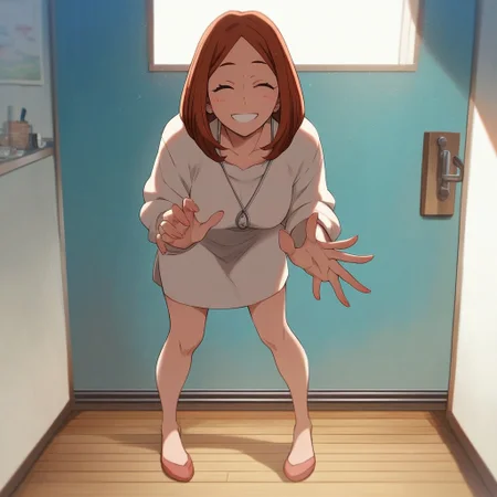 <lora:SlimesUrarakasMom:1>, score_9, score_8_up, score_7_up, slimes_urarakasmom, woman, solo, smiling, surprised, eyes closed, full body, closeup, hands behind, leaning forward, looking at viewer