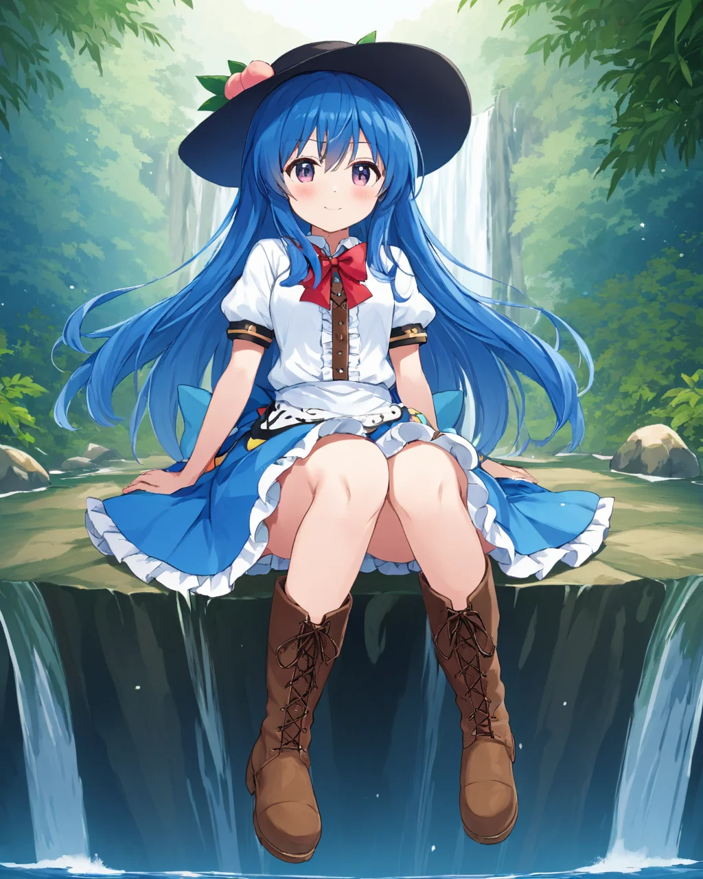 hinanawi tenshi,1girl, solo, sitting, blue_skirt, white_shirt, peach, smile, looking_at_viewer, brown_footwear, puffy_short_sleeves, blush, hat_removed, red_bowtie, knee_boots, hand_on_own_cheek, lace-up_boots, closed_mouth, leaf, head_tilt, frilled_skirt, waterfall, full_body, black_headwear, blue_bow
<lora:hinanawi_tenshi_image10043_2023-12-20:1>,star-shaped_pupils,symbol-shaped_pupils,. gorgeous,key visual, vibrant, studio anime,award-winning, professional, highly detailed,high budget, cinemascope