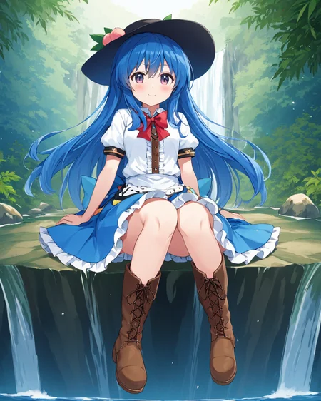 hinanawi tenshi,1girl, solo, sitting, blue_skirt, white_shirt, peach, smile, looking_at_viewer, brown_footwear, puffy_short_sleeves, blush, hat_removed, red_bowtie, knee_boots, hand_on_own_cheek, lace-up_boots, closed_mouth, leaf, head_tilt, frilled_skirt, waterfall, full_body, black_headwear, blue_bow
<lora:hinanawi_tenshi_image10043_2023-12-20:1>,star-shaped_pupils,symbol-shaped_pupils,. gorgeous,key visual, vibrant, studio anime,award-winning, professional, highly detailed,high budget, cinemascope