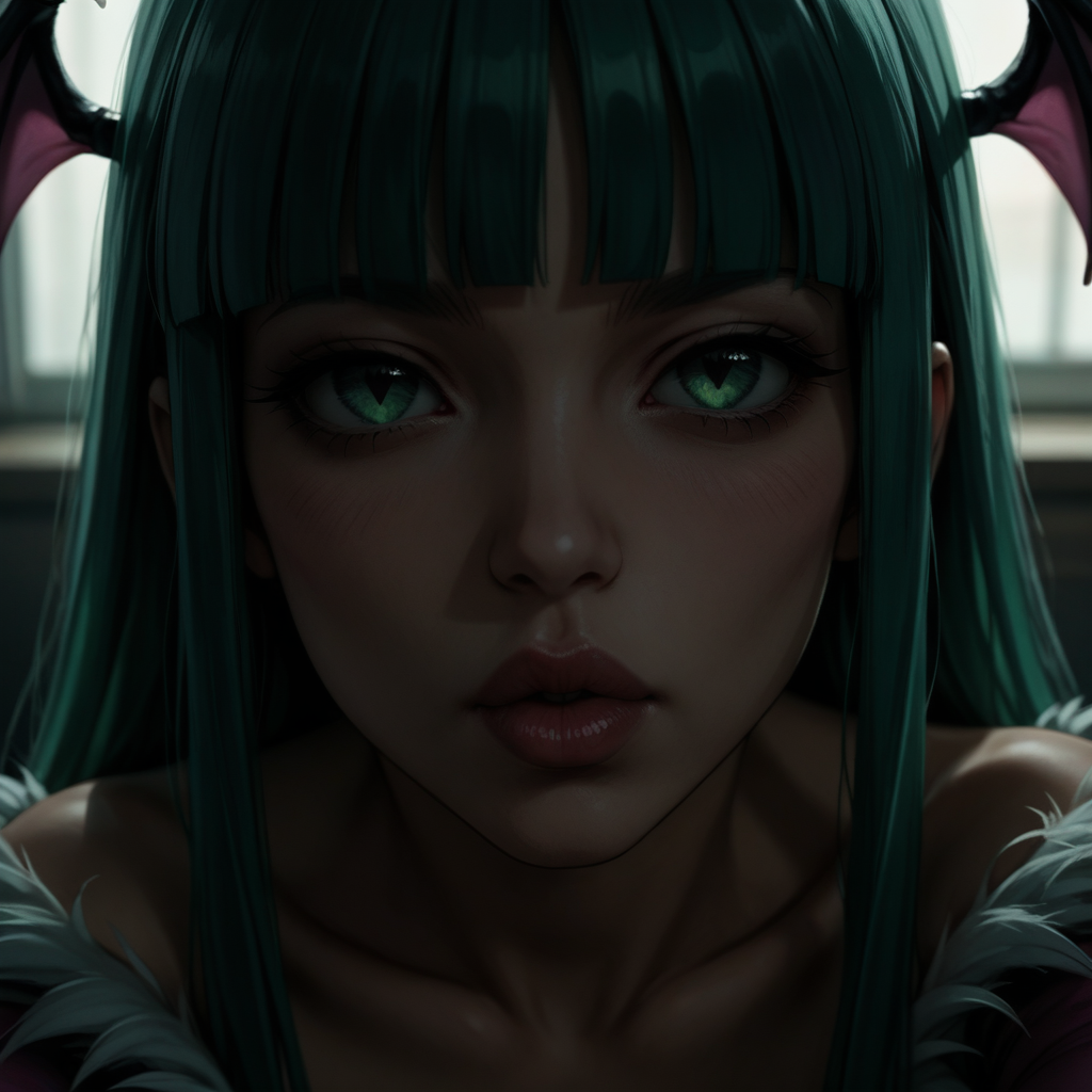 score_9, score_8_up, score_8, (source_anime),  imminent_kiss, incoming kiss, POVkiss, lips, BREAK, Morrigan Aensland, blush, perfect face, 1woman, 22 years old, MorriganAe, hime_cut, emerald_green hair, green eyes, blunt bangs, fur trim, bridal gauntlets, print pantyhose, bat print, cleavage, 1woman, POV, incoming_kiss, ahoge, detailed eyes, blush, lips, depth_of_field, solo focus, blurry_background, imminent_kiss, incoming kiss, reaching_out