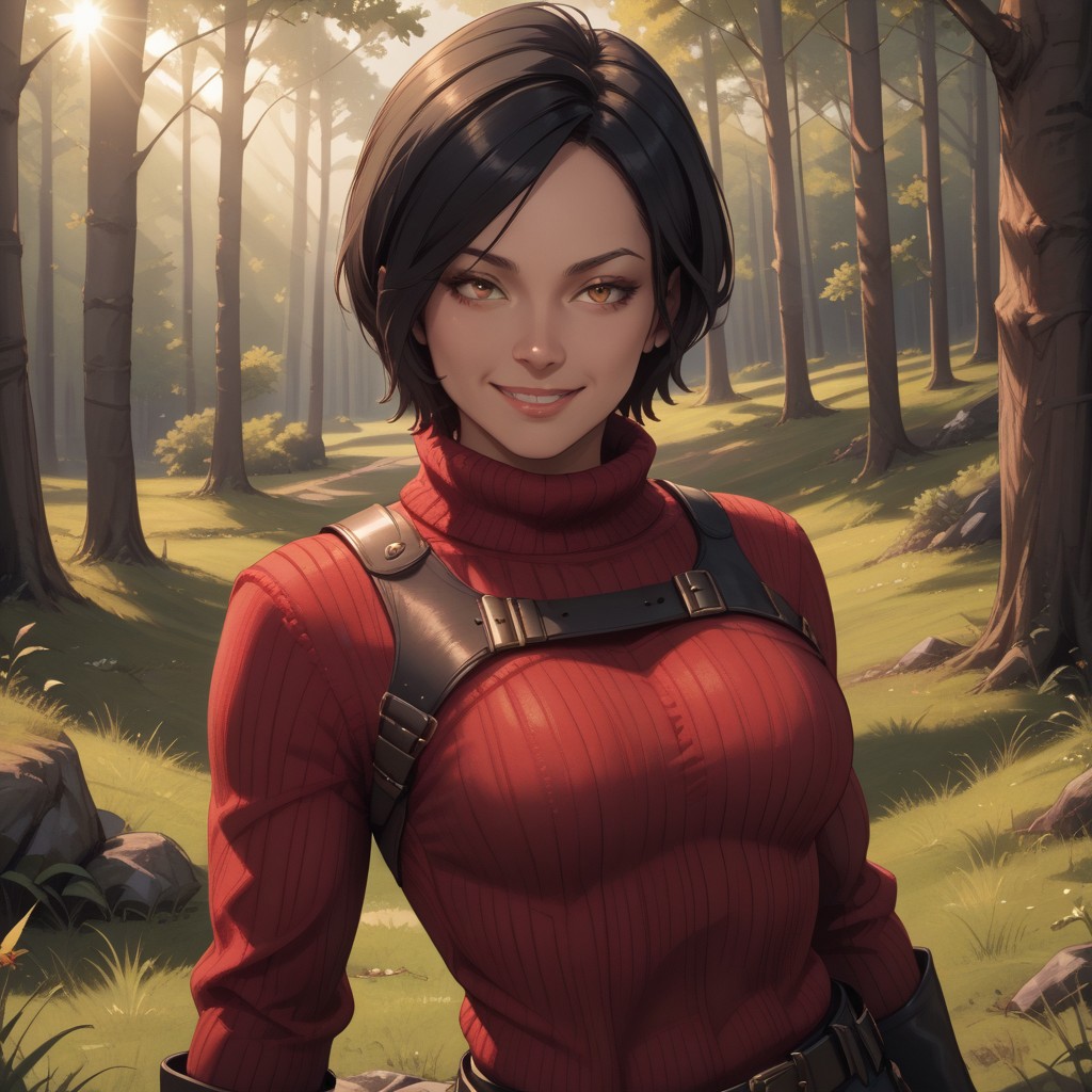 score_9, score_8, BREAK, solo, Ada, black hair, short hair, red sweater, pantyhose, black thigh boots, belt, sexy pose, self portrait, smile, outdoors, sunlight, shadows, evening lighting, natural lighting, forest, trees, grass, orange sky, sunset